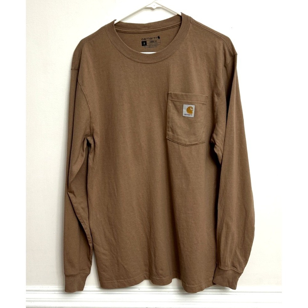 Carhartt Long Sleeve Tee Shirt Sz S Brown 100% Cotton Neutral Minimalist